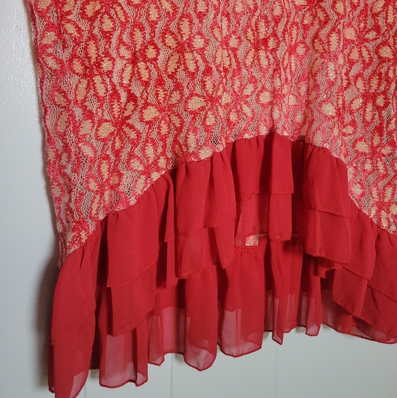 NWT Umgee Semi Sheer Ruffle Trim Tunic Top Sparkly Floral Mesh Anthropologie LG - Picture 7 of 15